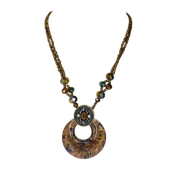 Boho Artisan Glass Pendant Necklace Bronze Beaded Statement Jewelry Maximalism - Picture 11 of 11